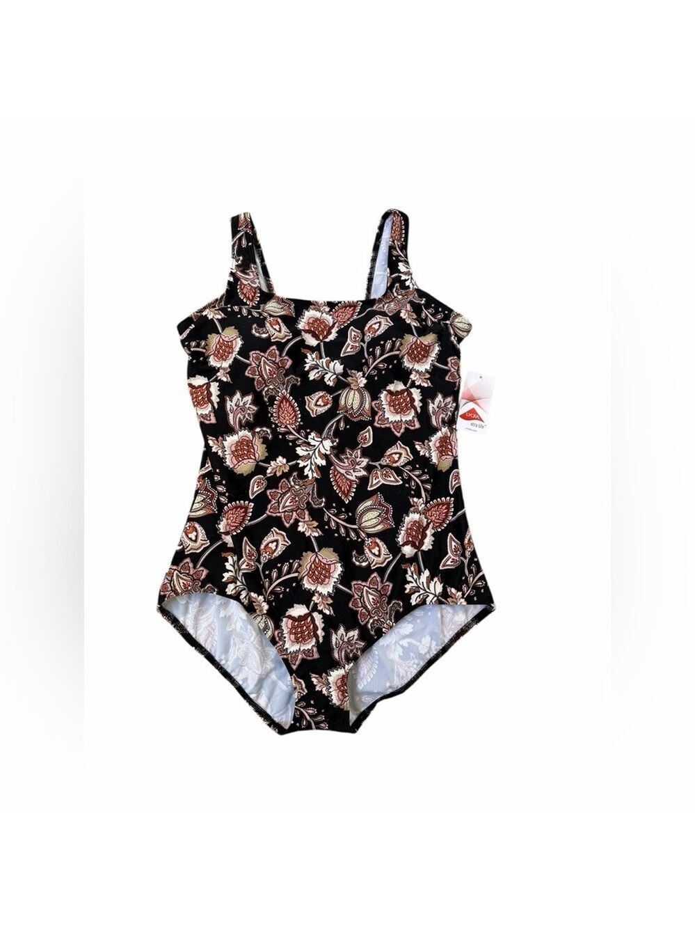 Lands End NWT Swimsuit Womens 16 Black Floral One Piece Tugless Full Coverage